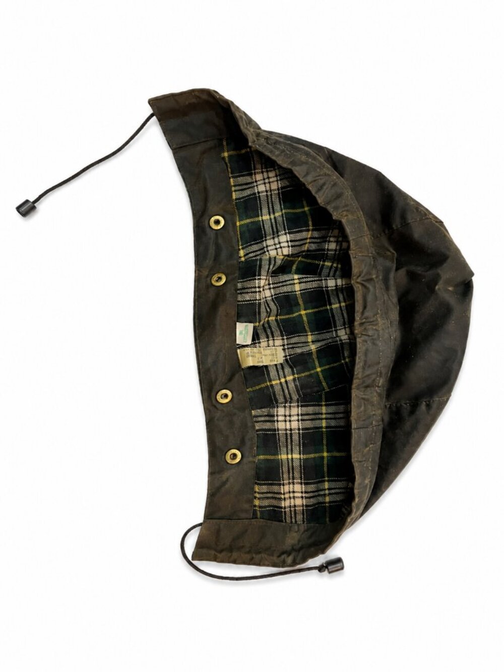 BARBOUR Vintage Waxed Cotton Detachable Hood Tartan Lining Snap-On Olive
